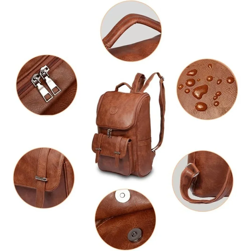 ✨Brown Faux Leather Backpack Slim Laptop Travel Pack Waterproof Daypack Bag